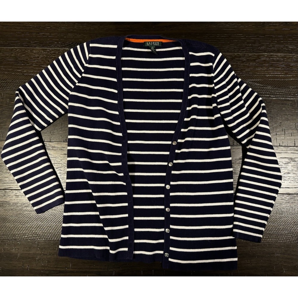 Lauren Ralph Lauren Sweater Womens Large Blue White Stripe Cardigan Logo Button